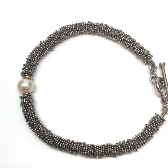 Michael Dawkins Sterling and 14K Granulated and Cultured Pearl Toggle Bracelet - Picture 3 of 8
